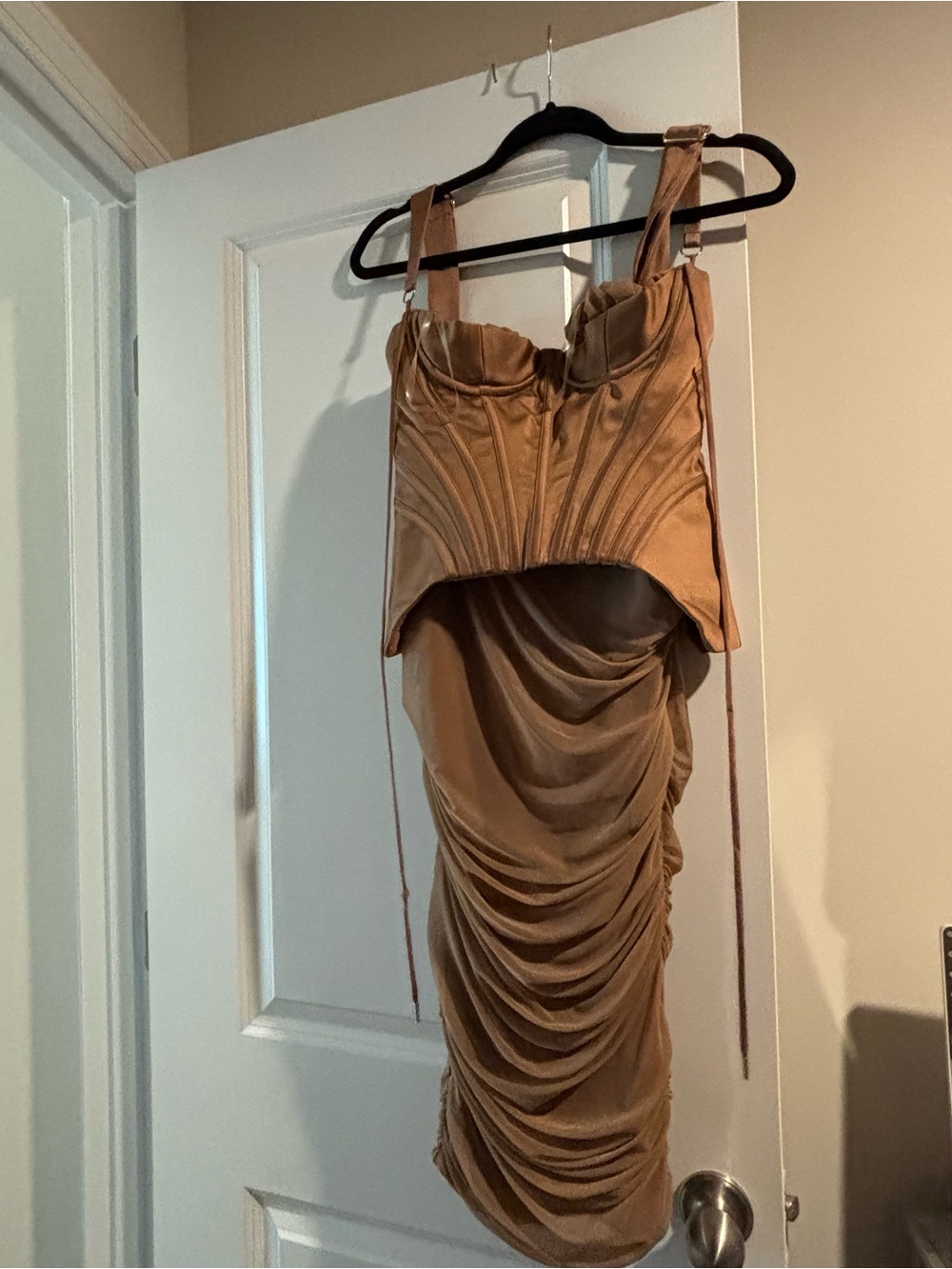 House of CB Camel Ruched Corset Mini Dress